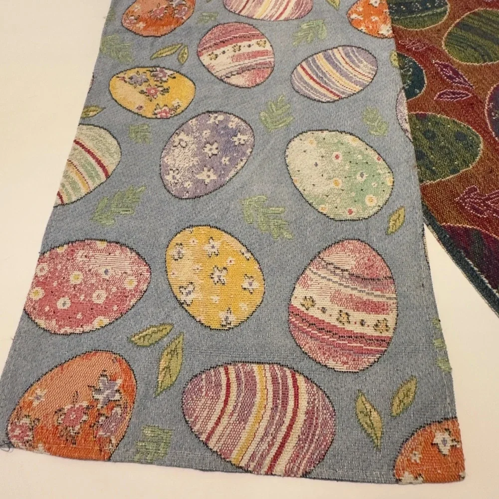 Easter Egg Tapestry Table Runner Blue Woven Cotton Blend Spring Decor 13x70